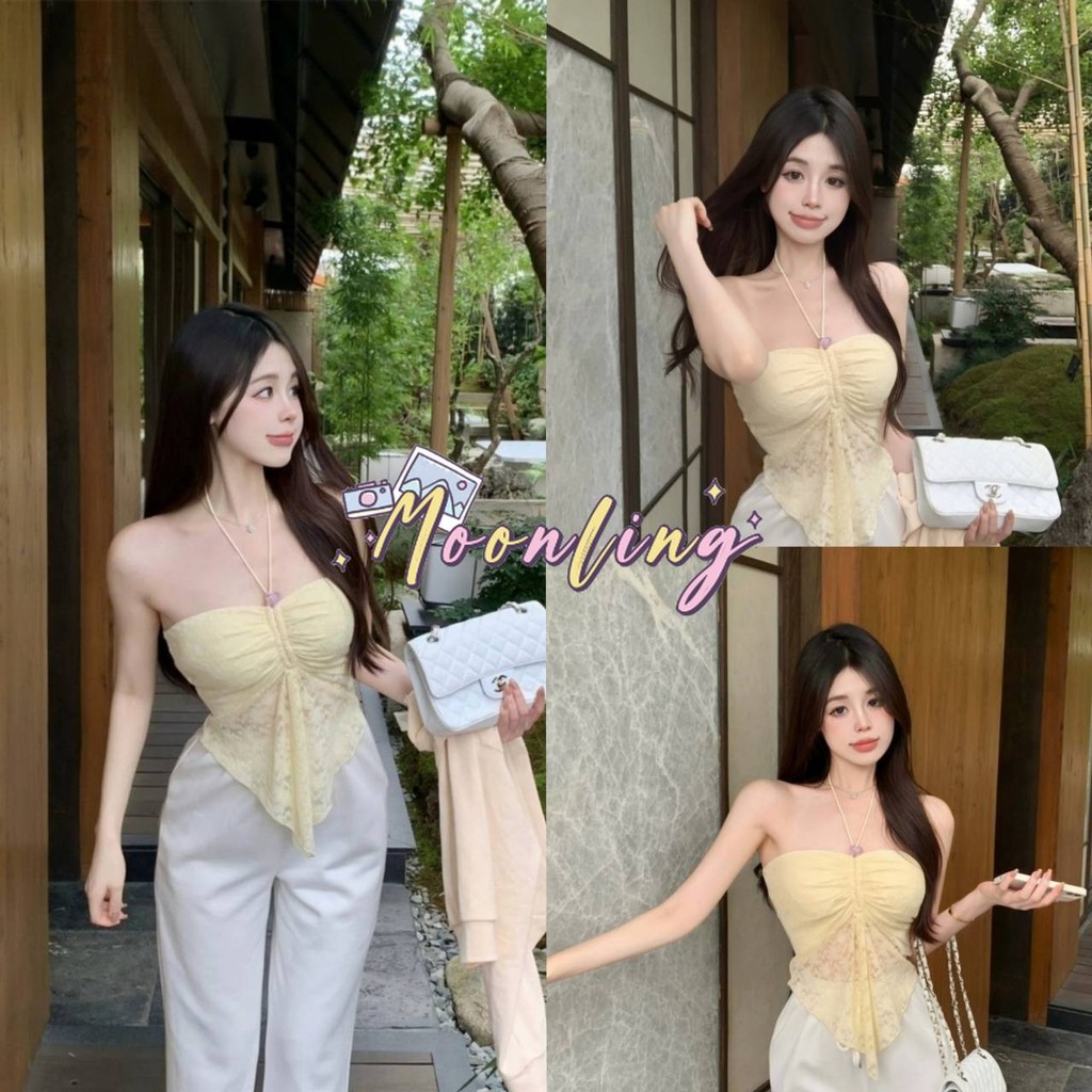🌜Moonling🌛 พร้อมส่งจากไทย เสื้อเกาะอกไหมพรม แต่งสายคล้องคอ ผ้านุ่มนิ่ม ทรงรัดตัว สีครีม *Y0907*