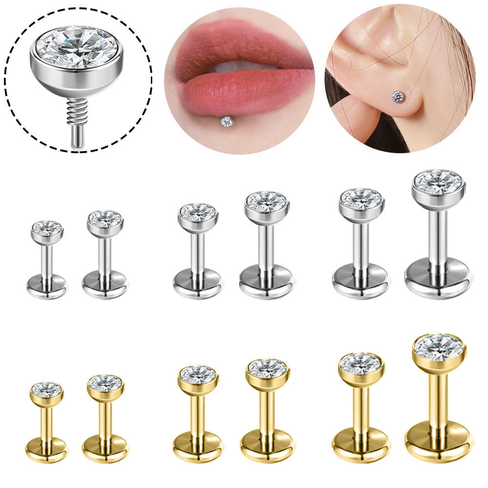 1 PC สแตนเลสสตีล Lip Studs 16G/18G/20G/กระดูกอ่อนสตั๊ดต่างหู 6 มม./8 มม.รอบคริสตัล Helix Conch กระดูกอ่อนเจาะต่างหู