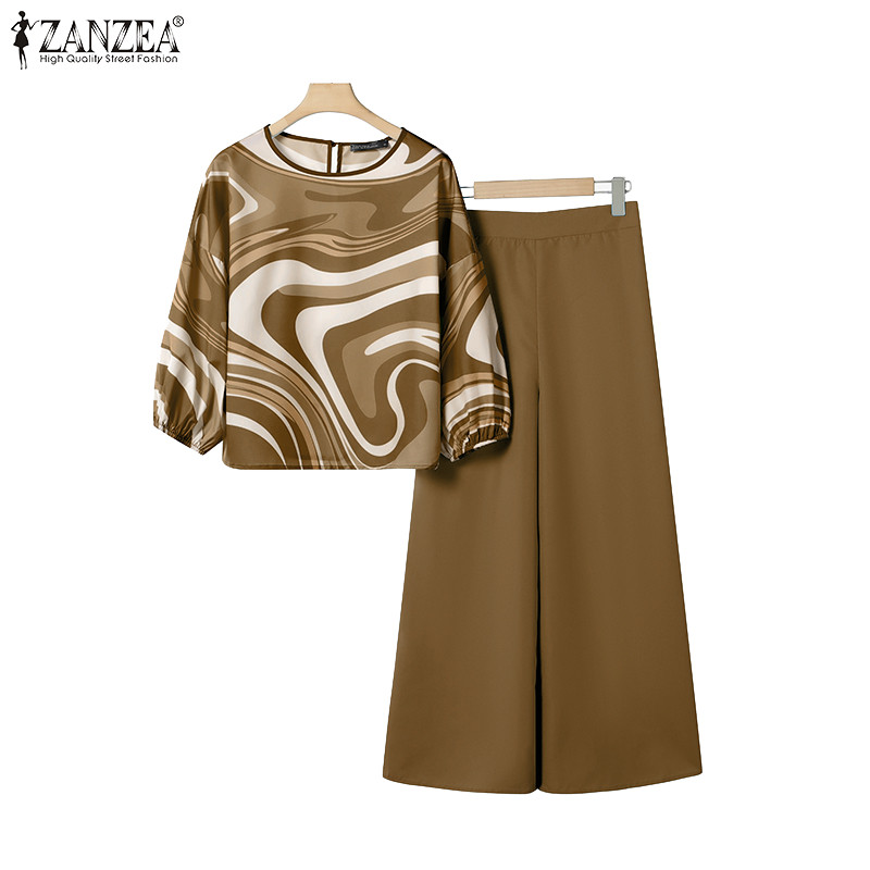 ZANZEA ซานเซีย ผู้หญิงแฟชั่นเกาหลีดอกไม้3/4แขนโคมไฟแขนเสื้อเสื้อลําลองเอวยางยืดกางเกงบานชุดสองชิ้น