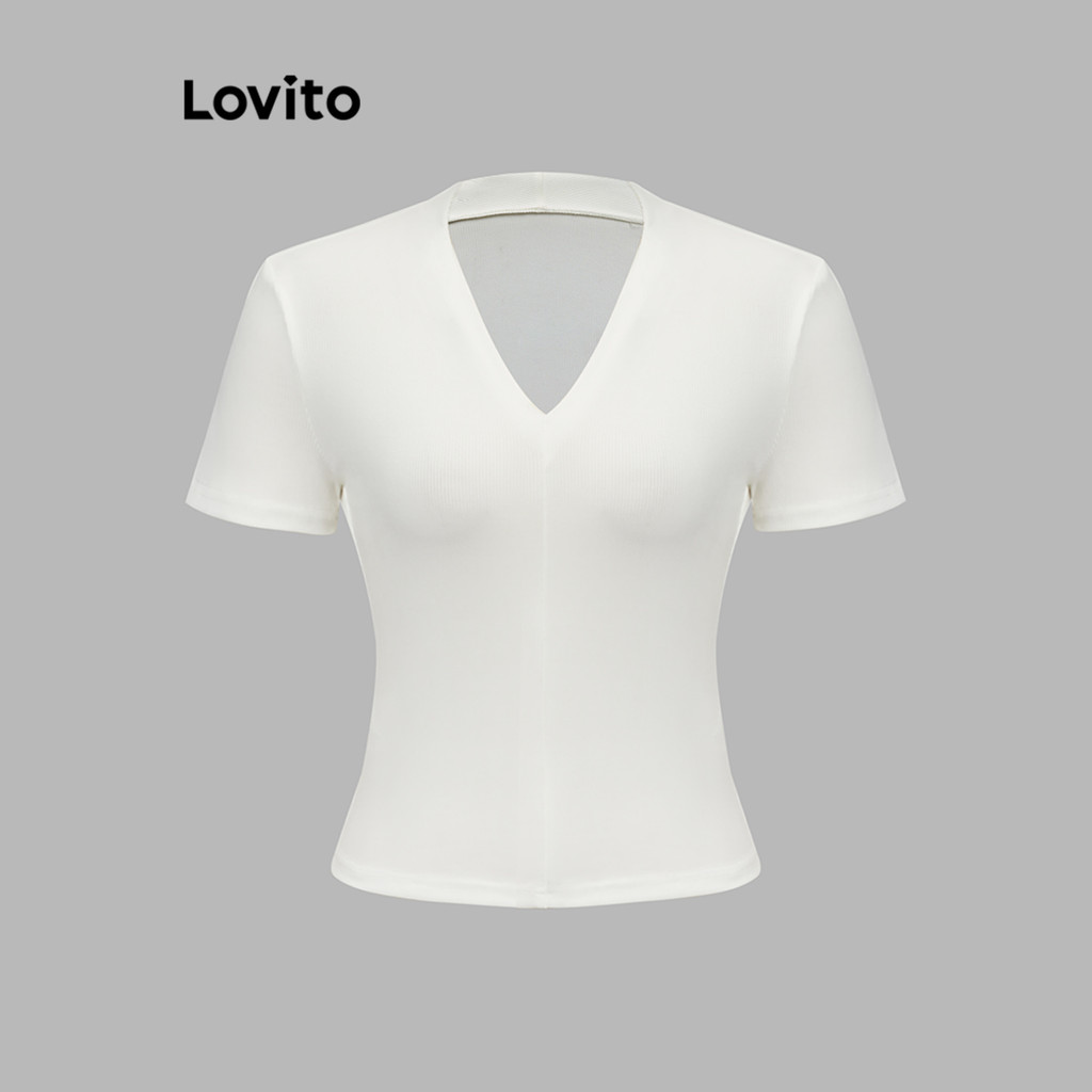 Lovito เสื้อยืดลําลอง เสื้อยืดแขนสั้นคอวีสีพื้นสําหรับผู้หญิง LNA10125 (หลากสี) - รูปที่ 3