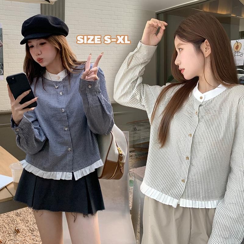 Mimi&Didi เสื้อเชิ้ตคอกลมแขนยาวลายทางเกาหลีสีตัดกันแขนสั้นหวานอเนกประสงค์ ทรงหลวม การออกแบบปุ่มสีทอง สำหรับผู้หญิง#W594