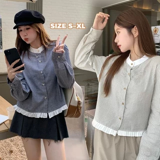 Mimi&Didi เสื้อเชิ้ตคอกลมแขนยาวลายทางเกาหลีสีตัดกันแขนสั้นหวานอเนกประสงค์ ทรงหลวม การออกแบบปุ่มสีทอง สำหรับผู้หญิง#W594