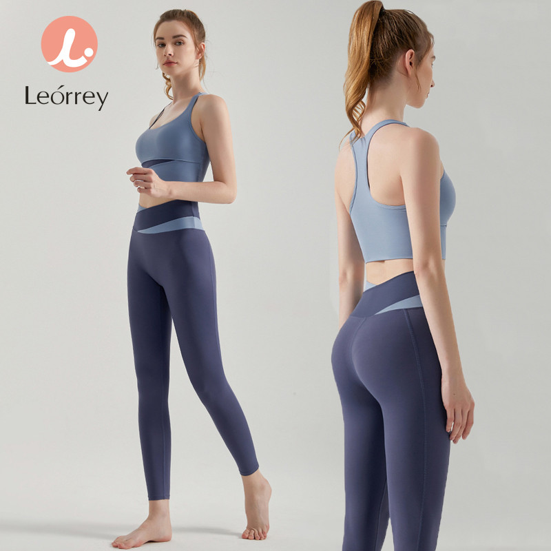 Leorrey-ชุดออกกำลังกาย 2 ชิ้น ทรงเอวสูง สีสันตัดกัน กันกระแทก ชุดออกกำลังกายโยคะ ฟิตเนส ชุดกีฬา