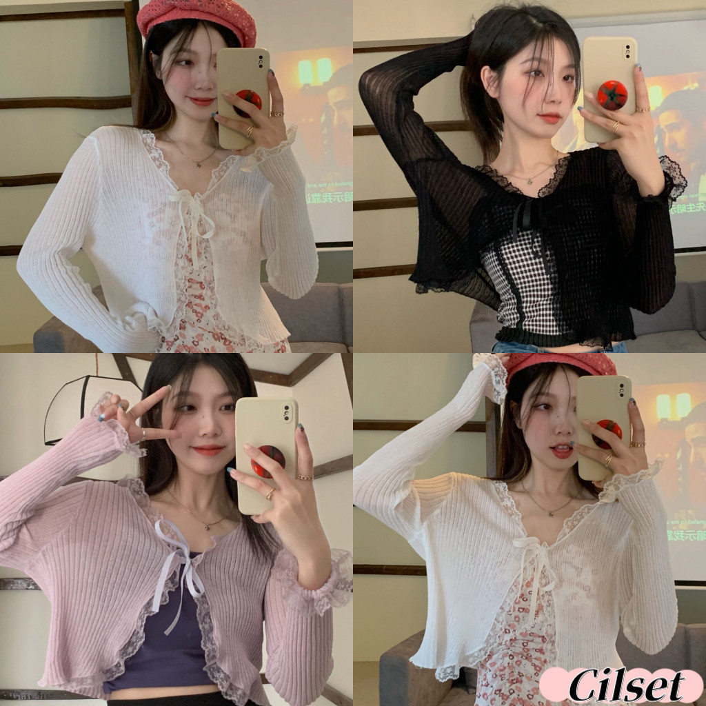 Cilset🛒พร้อมส่ง🎀ผู้หญิงเเสื้อคลุมซีทรู ไหมพรมลายลูกไม้ดีเทลผูกเชือกได้ /9515
