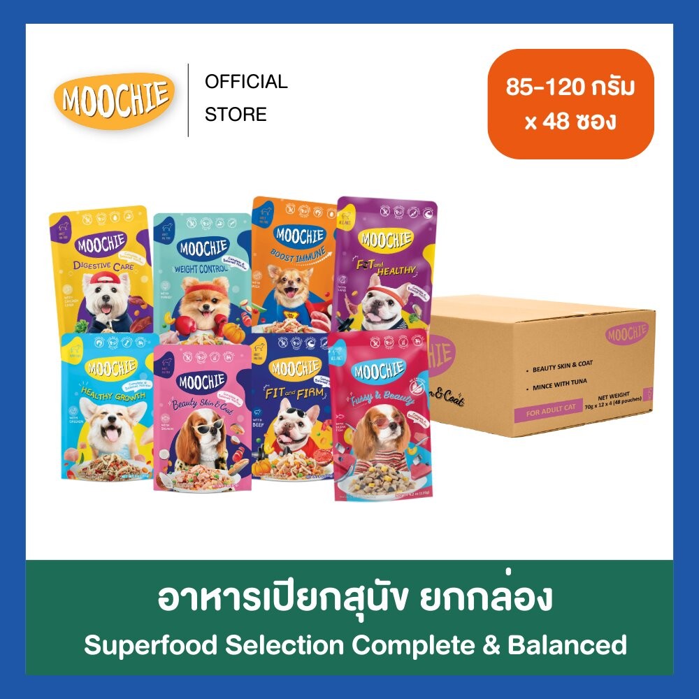 [1ลัง48ซอง] Moochie อาหารเปียกสุนัข สูตร Complete & Balance สารอาหารครบถ้วน 85-120g