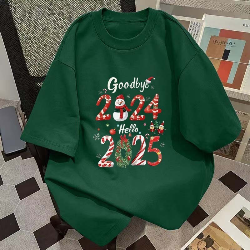 (จัดส่งตลอด 24 ชั่วโมง)Woo Right 2025เสื้อยืดสีเขียว เสื้อยืดคอกลม เสื้อยืด oversize New Year Clothing Merry Christmas