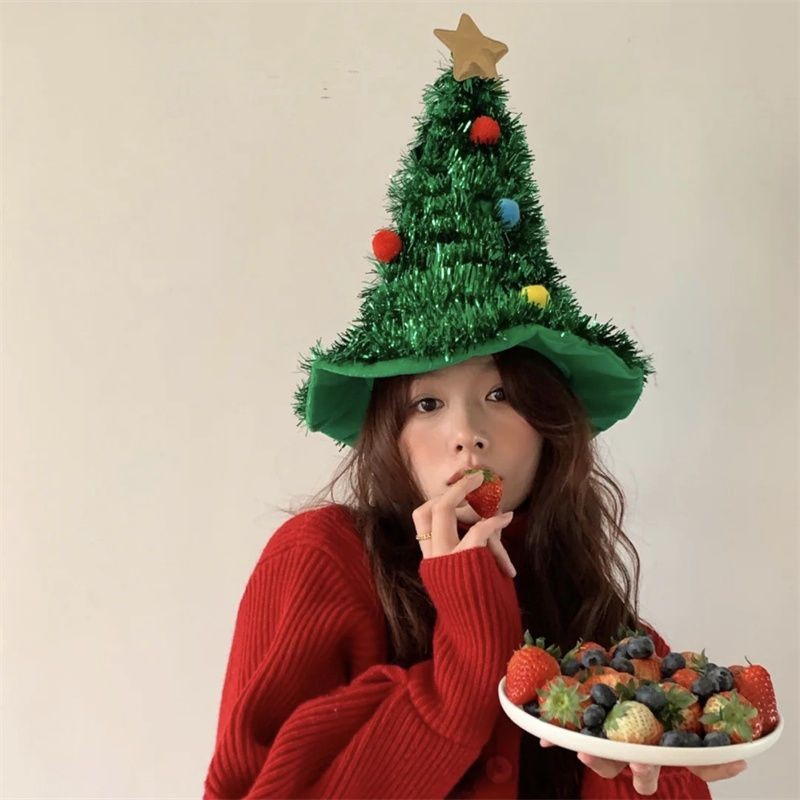 Little Red Book เกาหลี ins สไตล์ต้นคริสต์มาสหมวก Headwear Simple All-Match หมวกสีแดงคริสต์มาสเวที Photo Selfie สาว Props เสื้อผ้าผู้หญิง
