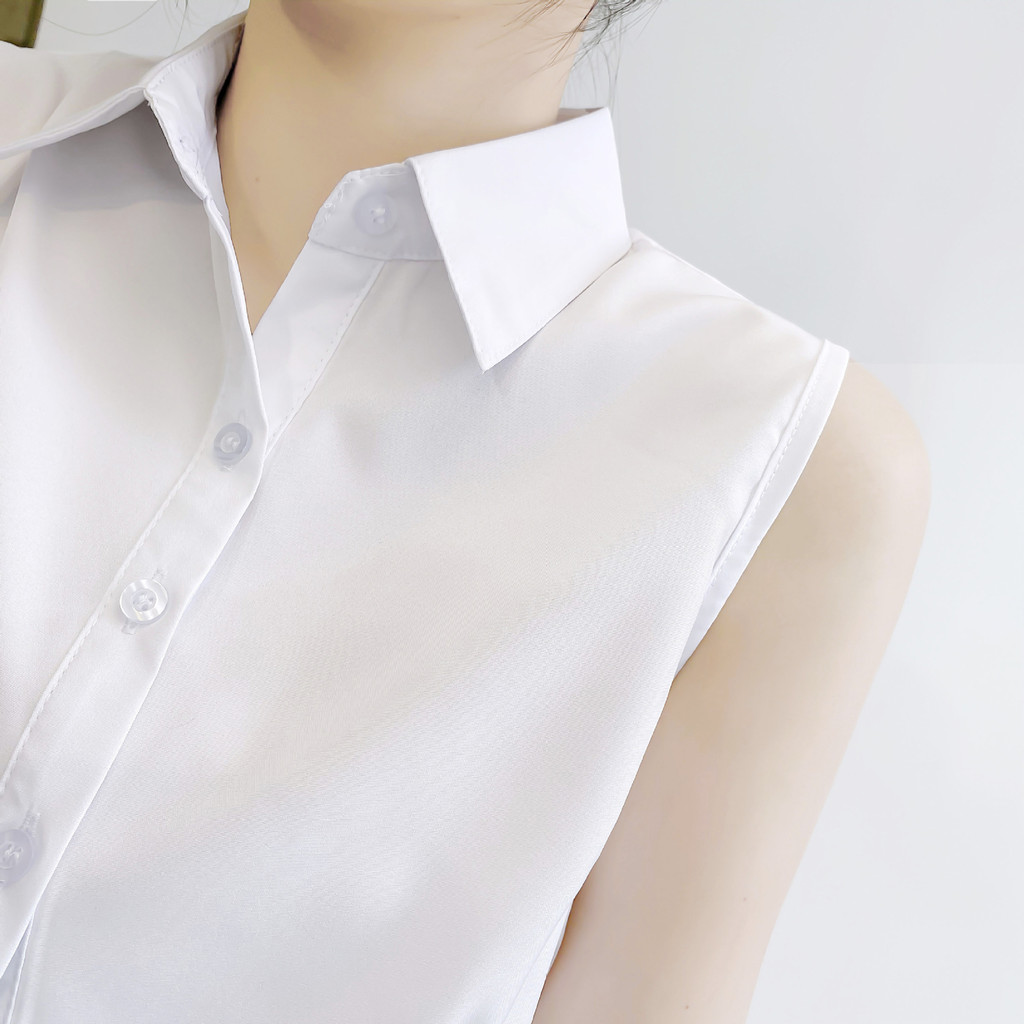 Hermarou เสื้อเชิ้ตผู้หญิงแขนกุดสีขาวผ้าบางสั้นสลิมท็อป - รูปที่ 5