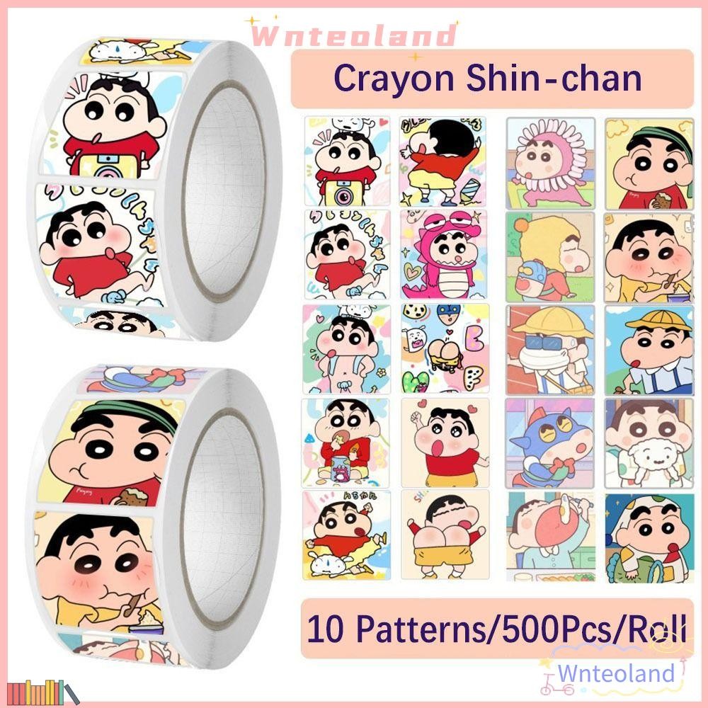 Wnteoland 500 ชิ้น/ม้วนสติกเกอร์เครยอนชินจัง,สแควร์ DIY สติกเกอร์ติดด้วยตนเอง, อุปกรณ์เครื่องเขียนการ์ตูนเครยอนชินจังปิดผนึกสติกเกอร์