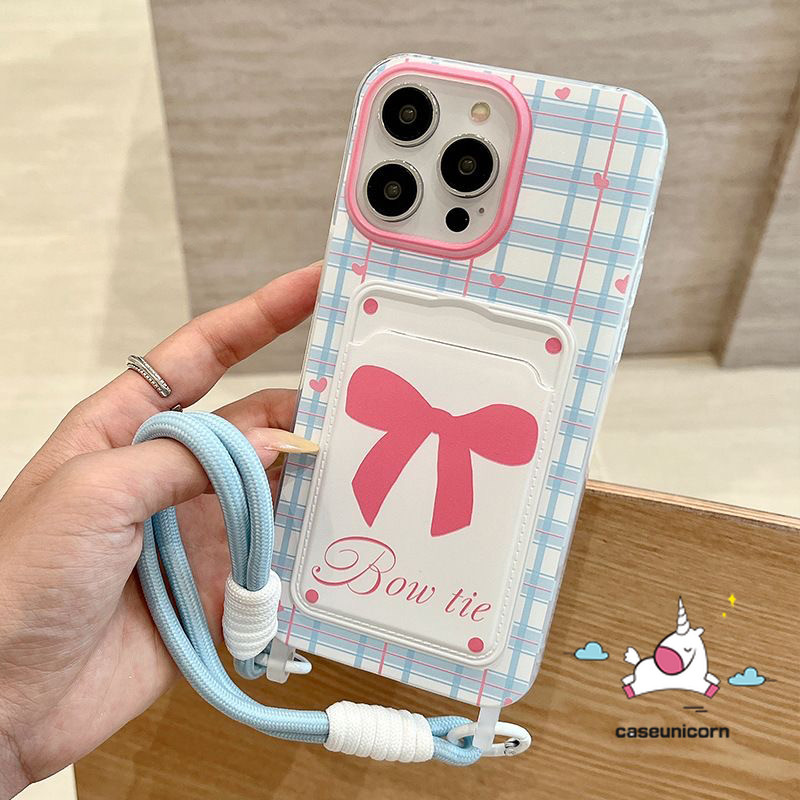 น่ารักโรแมนติกโบว์การ์ตูนlove Heartลายสก๊อตสีฟ้าสําหรับIPhone 13 12 11 14 15 16 Pro Max XR 7Plus X XS Max 6 15 6s 8 16 7 Plus SE2020 กระเป๋าสตางค์ช่องใส่การ์ดกรณีนุ่ม