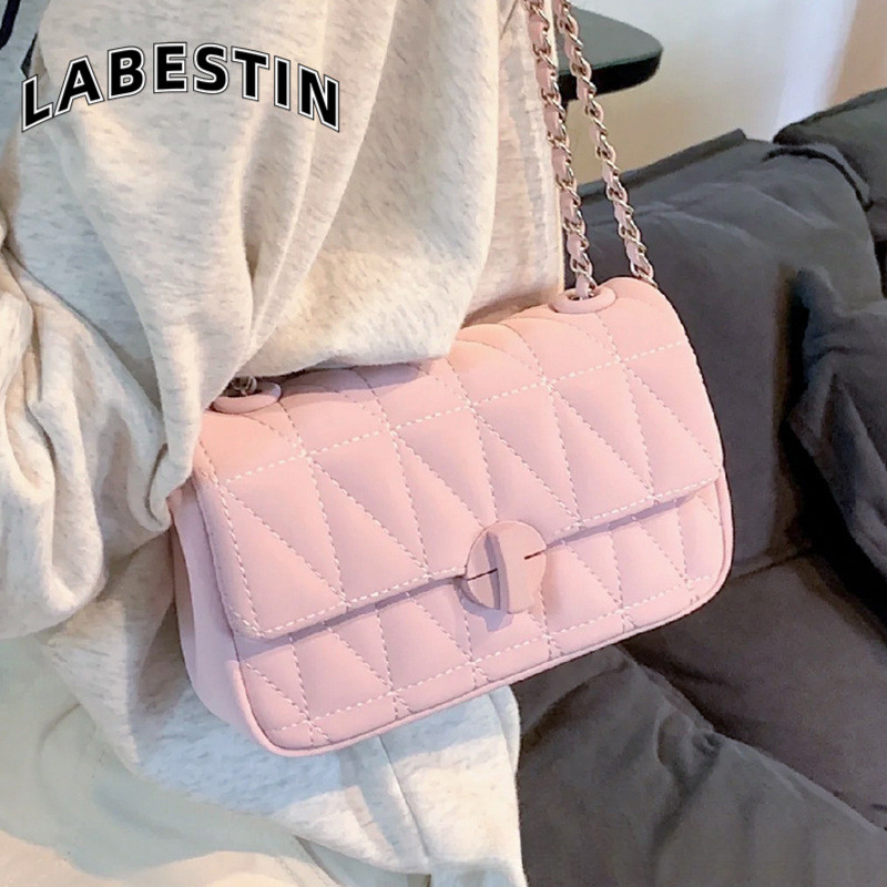 LABESTIN กระเป๋าสตรี กระเป๋าสะพายข้างโซ่เพชรเรียบง่ายใหม่