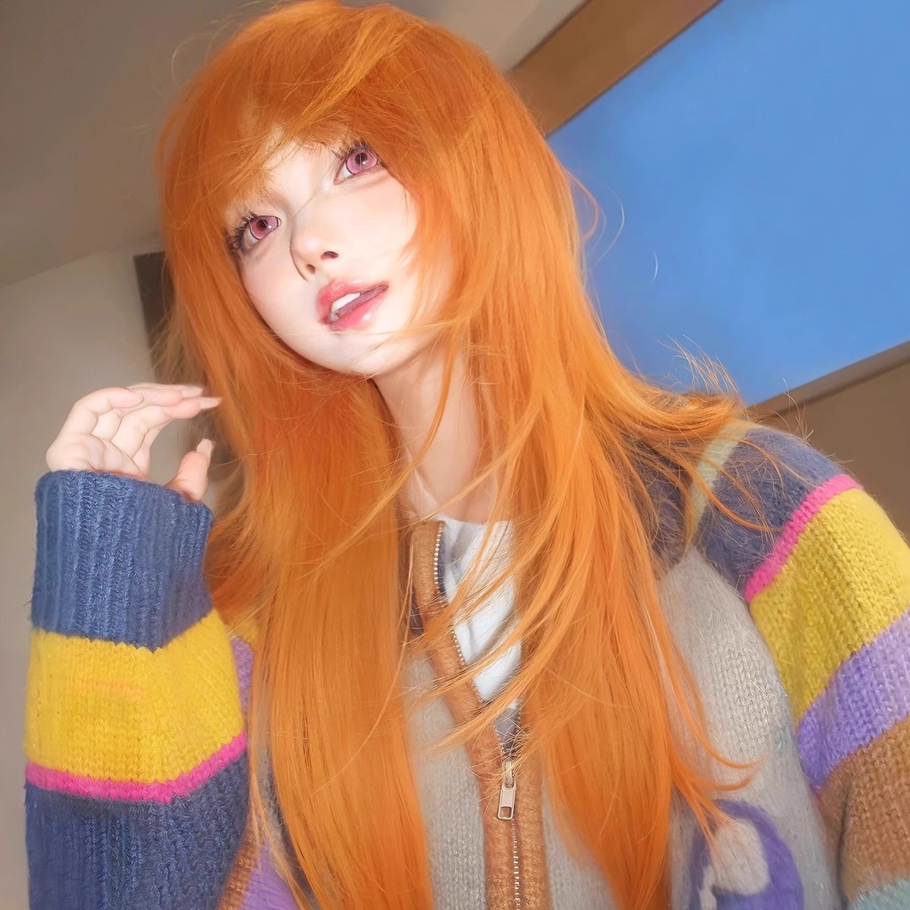 วิกผมหญิง Air Bangs Royal Sister สไตล์สกปรกสีส้มผมยาวตรง Persona Sakura Futaba cos หมวกเต็ม