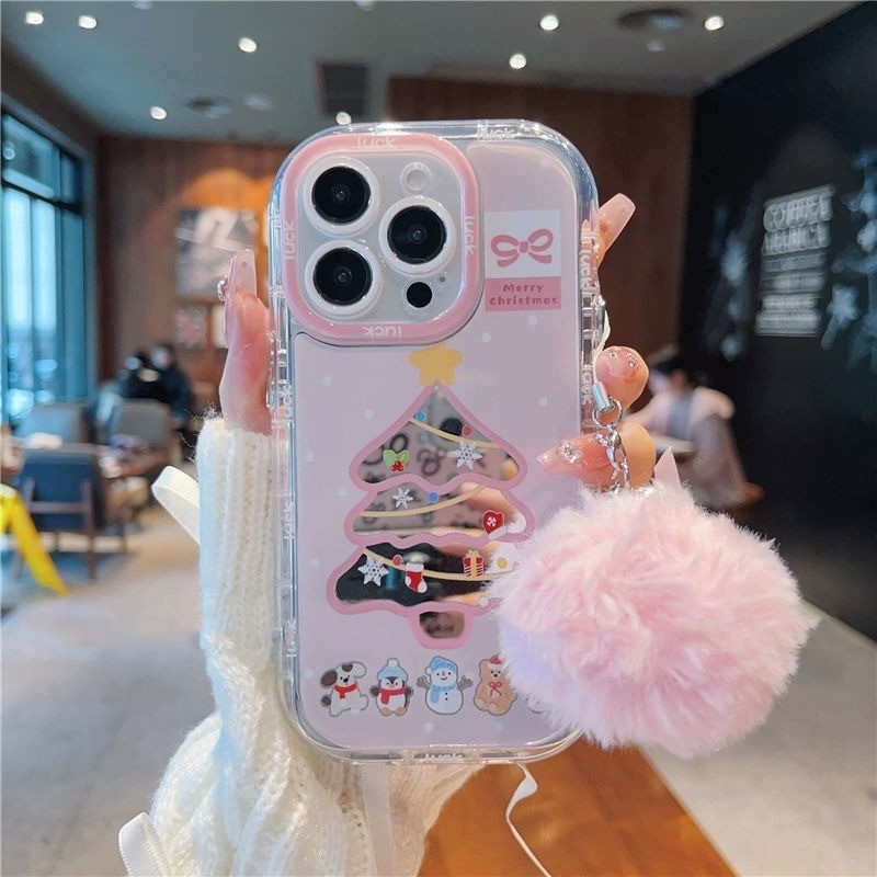 ในสต็อก ต้นคริสต์มาสการ์ตูนสีชมพู IPhone 16 15 11 13 14 12 Pro Max 7Plus X Xr Xs Max Mirror Cream Phone Case