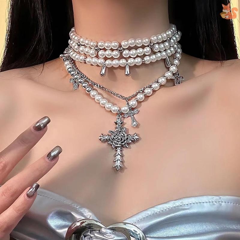 [BI] แฟชั่นส่วนบุคคลหลายชั้นมุกข้ามจี้สร้อยคอโซ่กระดูกไหปลาร้าสําหรับผู้หญิงอารมณ์เครื่องประดับอุปกรณ์เสริมของขวัญ TH