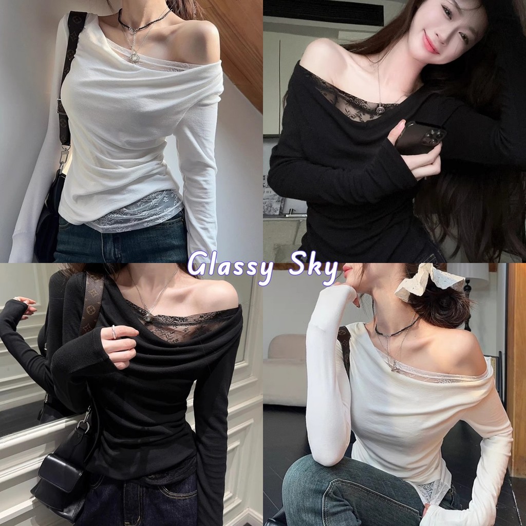 Glassy Sky💖พร้อมส่ง💖เสื้อไหมพรมแขนยาว ไหมพรมสไตล์เกาหลี สีพื้น ยืดตามตัว เซ็กซี่ผ้า ใส่สบาย(Y0321）