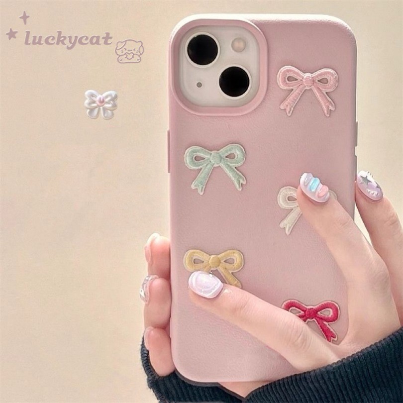 Iphone 16 15 14 13 12 11 Pro Max X Xr Xs Max เคสโทรศัพท์ Ins หวาน 3D DIY สีลูกกวาดโบว์นุ่มปกหลัง