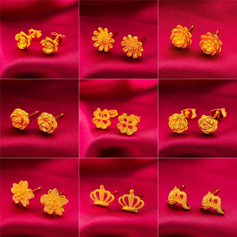 เวียดนามทอง Placer Rose Flower Stud ต่างหูสาวแฟชั่นเครื่องประดับของขวัญ