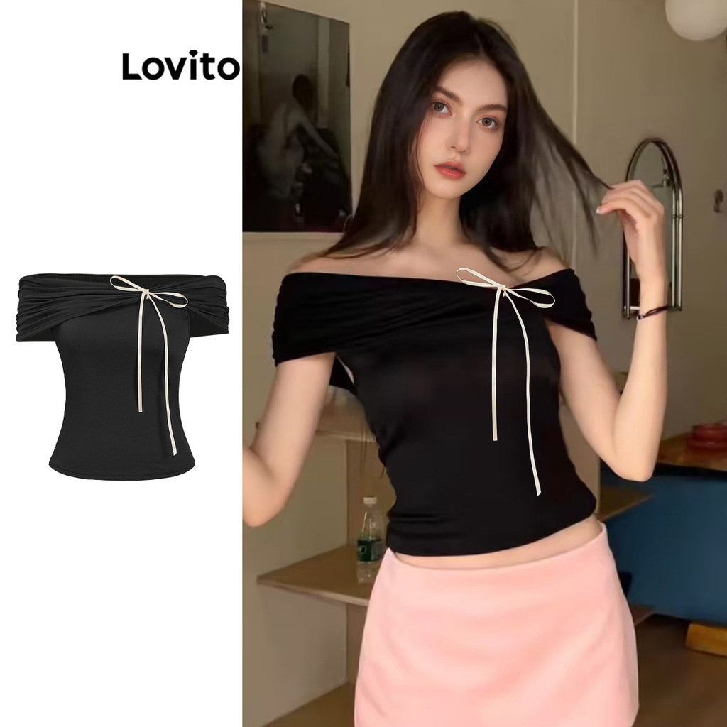 Lovito เสื้อยืดผู้หญิง โบว์หน้า สีพื้น สไตล์ลำลอง L95ED219