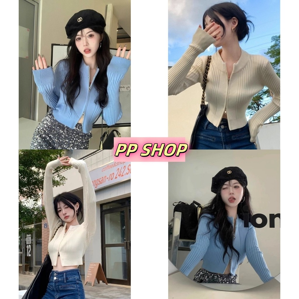 PP Shop​ ​พร้อมส่ง แขนยาว เสื้อไหมพรมคาร์ดิแกน คอกลมซิป เสื้อผ้าแฟชั่นผู้หญิง เสื้อครอป เข้ารูปสีพื้น สไตล์เกาหลี#M1135