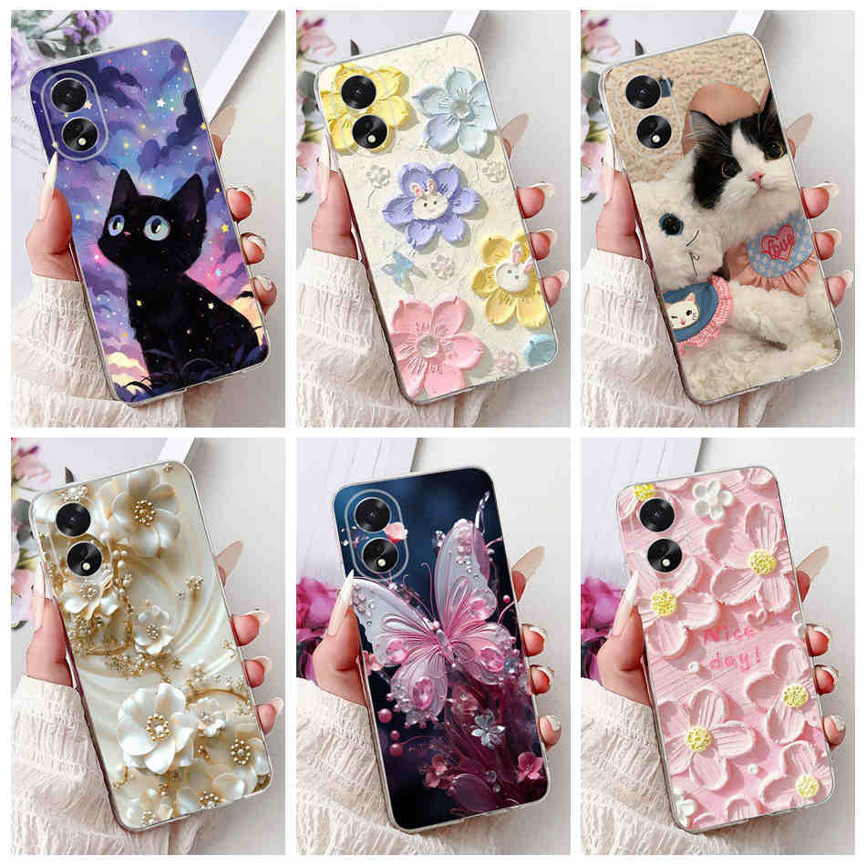 Oppo A18 A38 CPH2579 CPH2591 แมวน่ารักผีเสื้อดอกไม้รูปแบบกรณี OppoA18 A38 4G ซิลิโคนนุ่ม TPU เคสโทรศัพท์