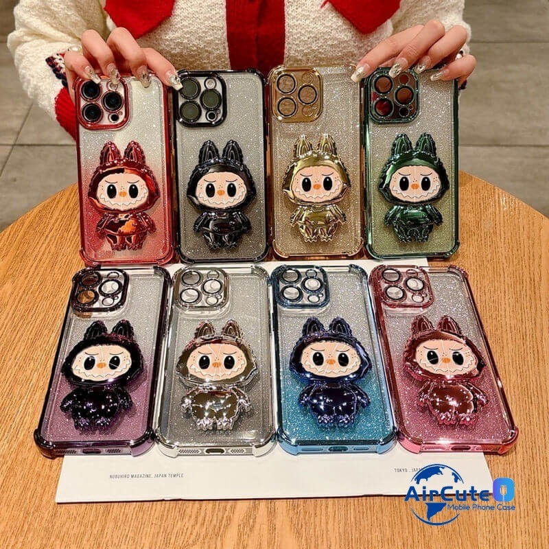 เคส iPhone 16 15 14 13 12 11 Pro Max X Xs Max 7 8 Plus SE 2020 iPhone16 iPhone15 iPhone14 iPhone13 iPhone12 iPhone11 iPhone7 iPhone8 Plus Luxury Plating Labubu Mirror Stand Drop-Proof Glitter Soft Case