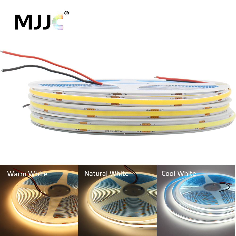 24V COB LED Strip Light 320LEDs/m ความสว่างสูงไม่มี Dark Area 10M เทปโคมไฟ Warm/เย็น/ธรรมชาติสีขาวยืดหยุ่นริบบิ้นตกแต่งห้อง