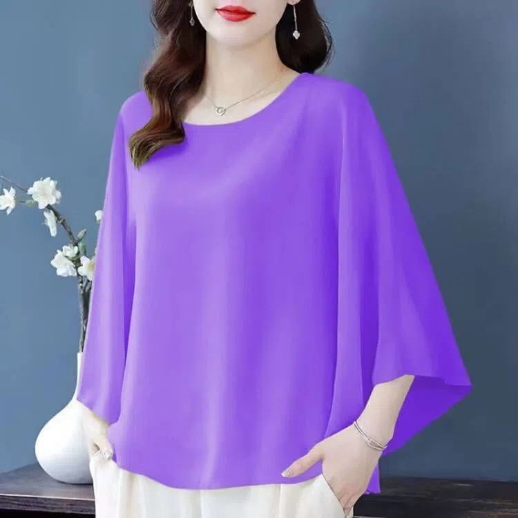 เวอร์ชั่นเกาหลีฤดูร้อนขนาดใหญ่รอบคอตุ๊กตาแขนชีฟองเสื้อยืดแฟชั่น Classy Simple Casual All-Match แฟชั่นสุภาพสตรีสีทึบด้านบน