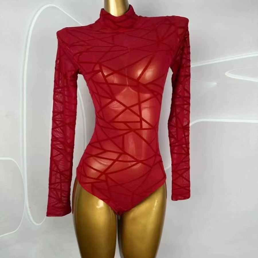เสื้อชีฟองแขนยาวสีแดง สไตล์ศิลปะ สำหรับสวมใส่ในโอกาสต่าง ๆ
