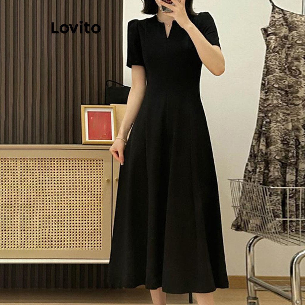 Lovito ชุดเดรสผู้หญิง เบสิก สีพื้น สไตล์หรูหรา LNE62507