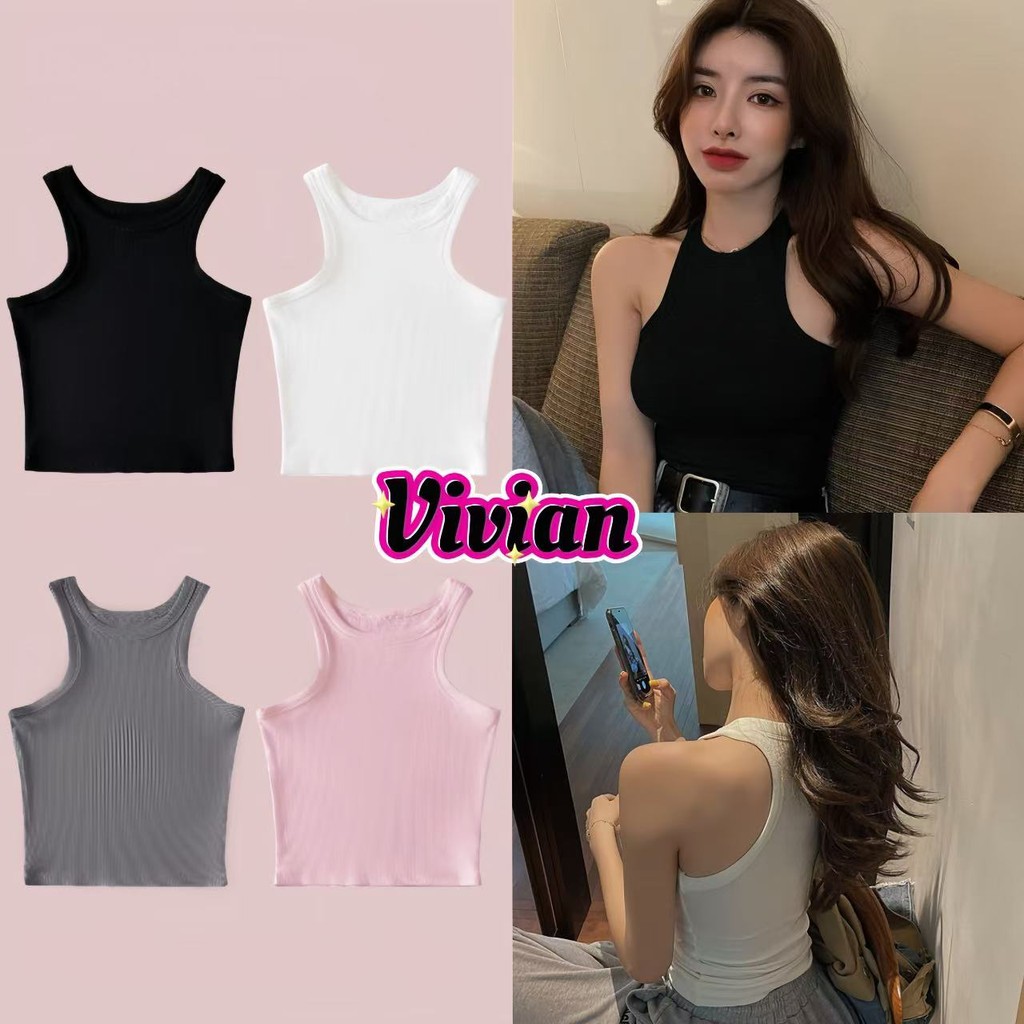 Vivian เสื้อกล้าม มีฟองน้ำ รัดรูป แขนกุด สีพื้น เสื้อครอป เสื้อกีฬาลำลอง หลังที่สวยงาม ส่งไวจากไทย#FYC013