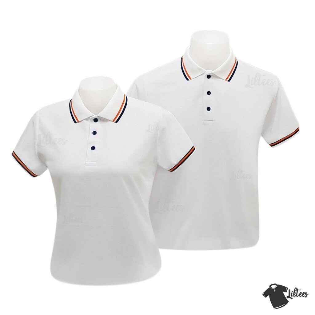 เสื้อโปโล คอปก สีขาว ขลิบส้ม-กรมท่า