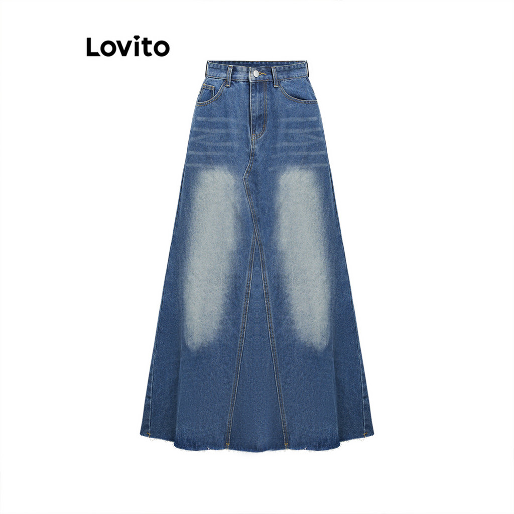 Lovito กระโปรงยีนส์สีเรียบลำลองสำหรับผู้หญิง L110AD128