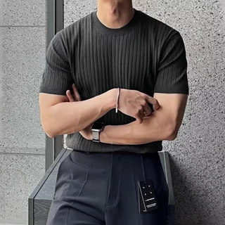 CLIFF ฤดูร้อน ผ้าไหมน้ำแข็ง ลายทาง แขนสั้น ผู้ชาย สไตล์เกาหลี เข้ารูป เสื้อยืด สีล้วน