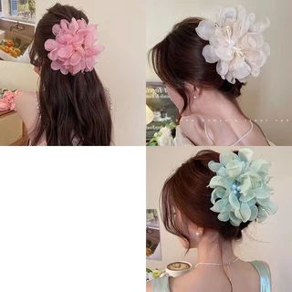 2025 กิ๊บติดผมดอกไม้ตาข่ายชีฟอง Elegant Pink Premium Shark Clip