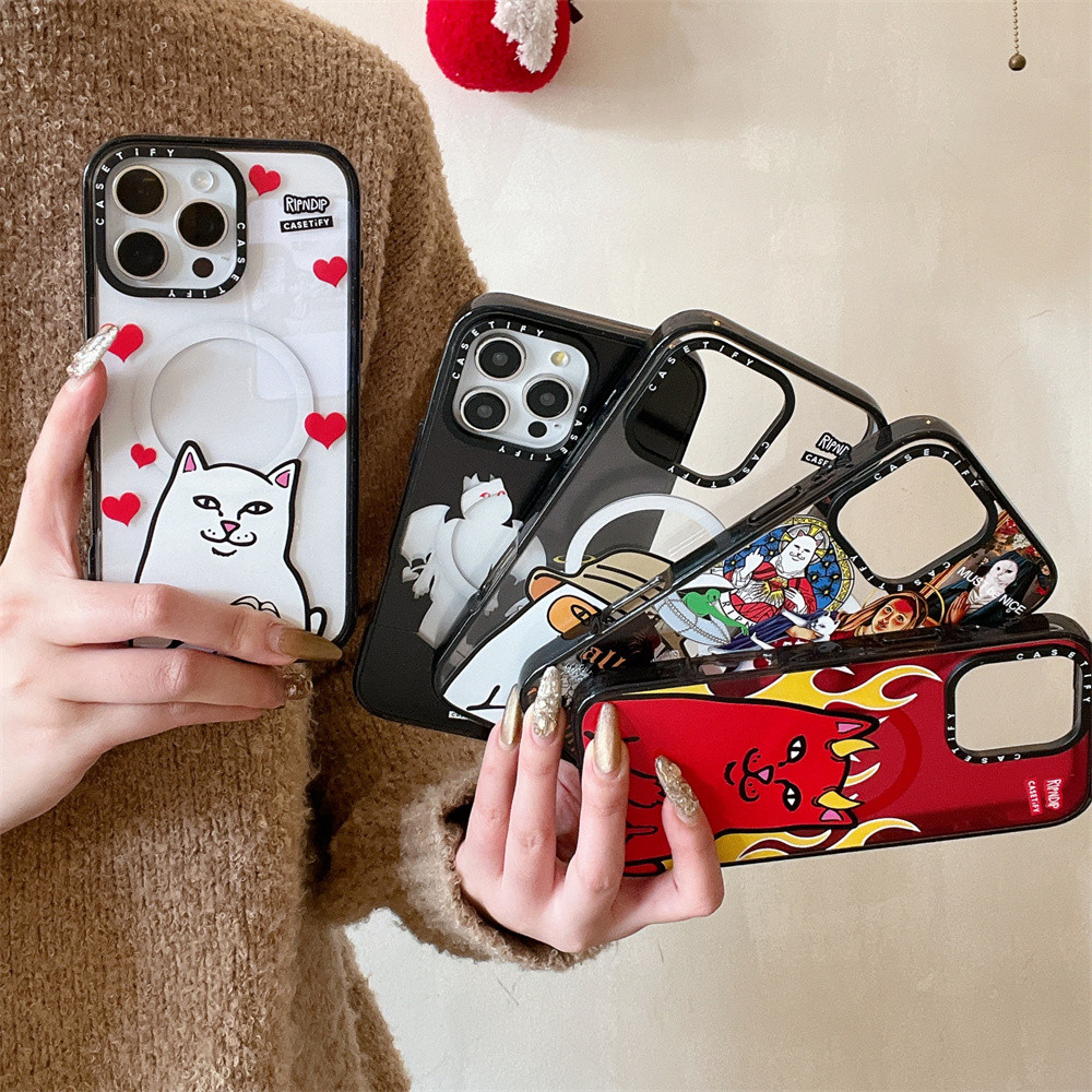 Casetifg Ripndip Naughty Cat คุณภาพสูงกันกระแทกแม่เหล็กเคสโทรศัพท์พร้อมกล่องสําหรับ iPhone 12 13 14 15 16 Pro Max 16Plus ชายแดนซิลิโคน Anti Drop Casing Clear Hard PC ฝาหลัง