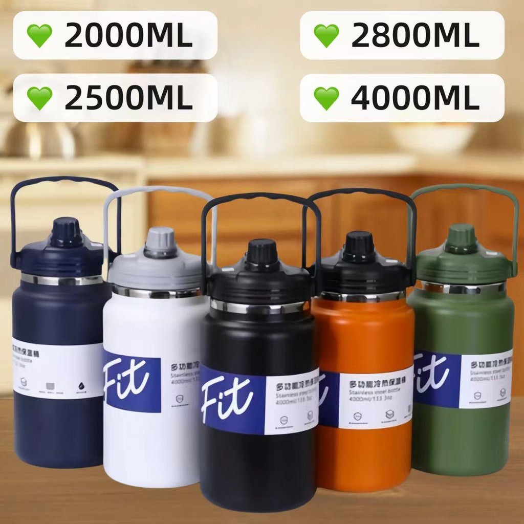 แก้วน้ำ เก็บอุณหภูมิ เก็บความเย็น ขนาด2800/4000ML แก้วอุณหภูมิความร้อน เย็นขนาดใหญ่ สแตนเลส304 พร้อมหูหิ้ว+หลอด ขวดน้ำ
