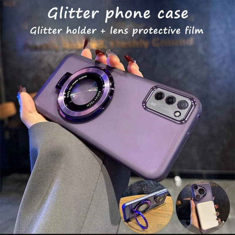 Glitter สําหรับ OPPO A53S 5G OPPO A55 5G OPPO A56 5G โปร่งใสกันกระแทกฝาครอบเลนส์กล้องฟิล์มนุ่มป้องกันเคสโทรศัพท์พร้อมผู้ถือ Glitter
