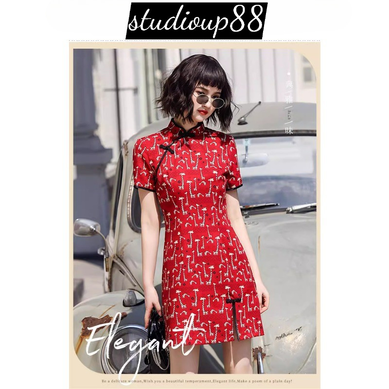 (ส่งจากไทย)กี่เพ้า สำหรับวันตรุษจีน เดรสกี่เพ้าสวยทันสมัย เดรสสีแดงของสไตล์จีน ชุดเดรสยาว