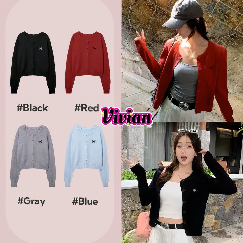 Vivian แขนยาว เสื้อไหมพรม คอกลม ปักโบว์ที่หน้าอก คาร์ดิแกน ครอบตัดด้านบน ใส่สบาย สไตล์ลำลอง#Z-YX12
