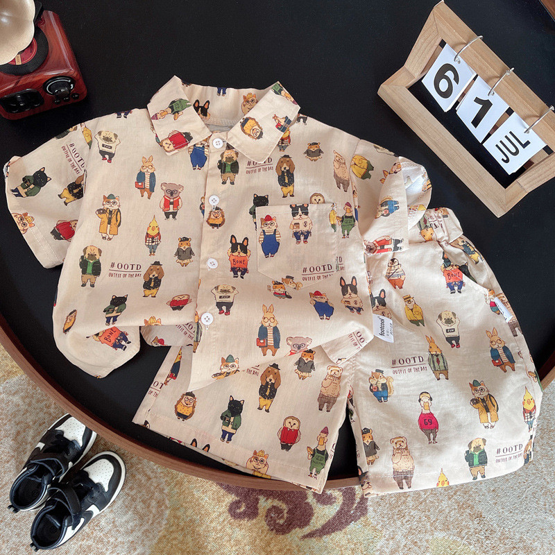 แฟชั่นฤดูร้อน เสื้อกางเกงขาสั้น ผ้าฝ้ายลายสัตว์ 2 ชิ้น/เซ็ต ชุดลําลองเด็กวัยหัดเดิน Songkran