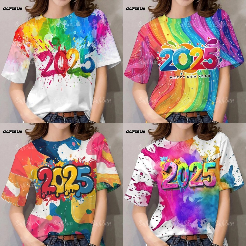 2025ปีใหม่เสื้อผู้หญิงที่มีสีสันมัดย้อมพิมพ์เสื้อยืดสวัสดีปีใหม่พรรคเสื้อสวมหัวด้านบน