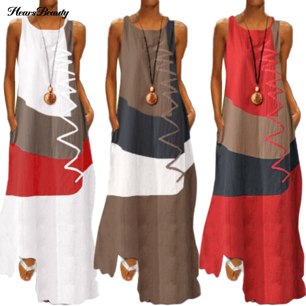 Hbw-women Vintage O คอแขนกุดบล็อกสี Wavy Line กระเป๋าชุดยาวหลวม