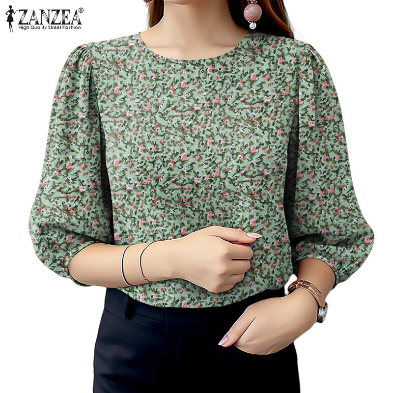 ZANZEA ใส่ ซานเซีย ผู้หญิงวินเทจ โอ-คอสุ่มพิมพ์ปุ่มแขนสามในสี่เสื้อ