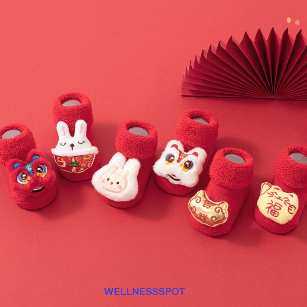 Wellnessspot Lion Dance ถุงเท้าผ้าฝ้ายเด็ก, กระต่ายกันลื่นเด็กถุงเท้าตรุษจีน, ยืดหยุ่นนุ่มสบาย Sox อายุยืนล็อค Hosiery Home