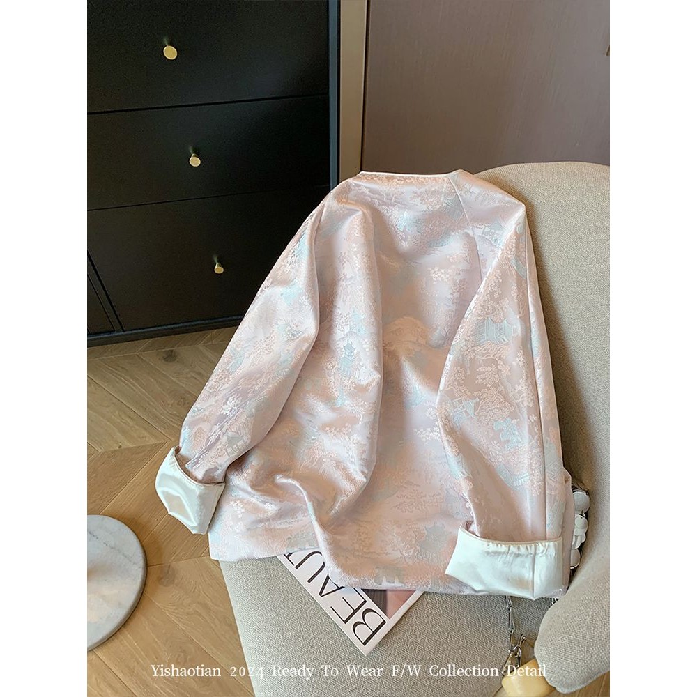 Dogwood Powder ใหม่สไตล์จีน Jacquard รอบคอเสื้อแจ็คเก็ตสั้นผู้หญิงฤดูใบไม้ผลิ 2024 High-End ปรับปรุง Tang ชุด Top 12.28 - รูปที่ 2