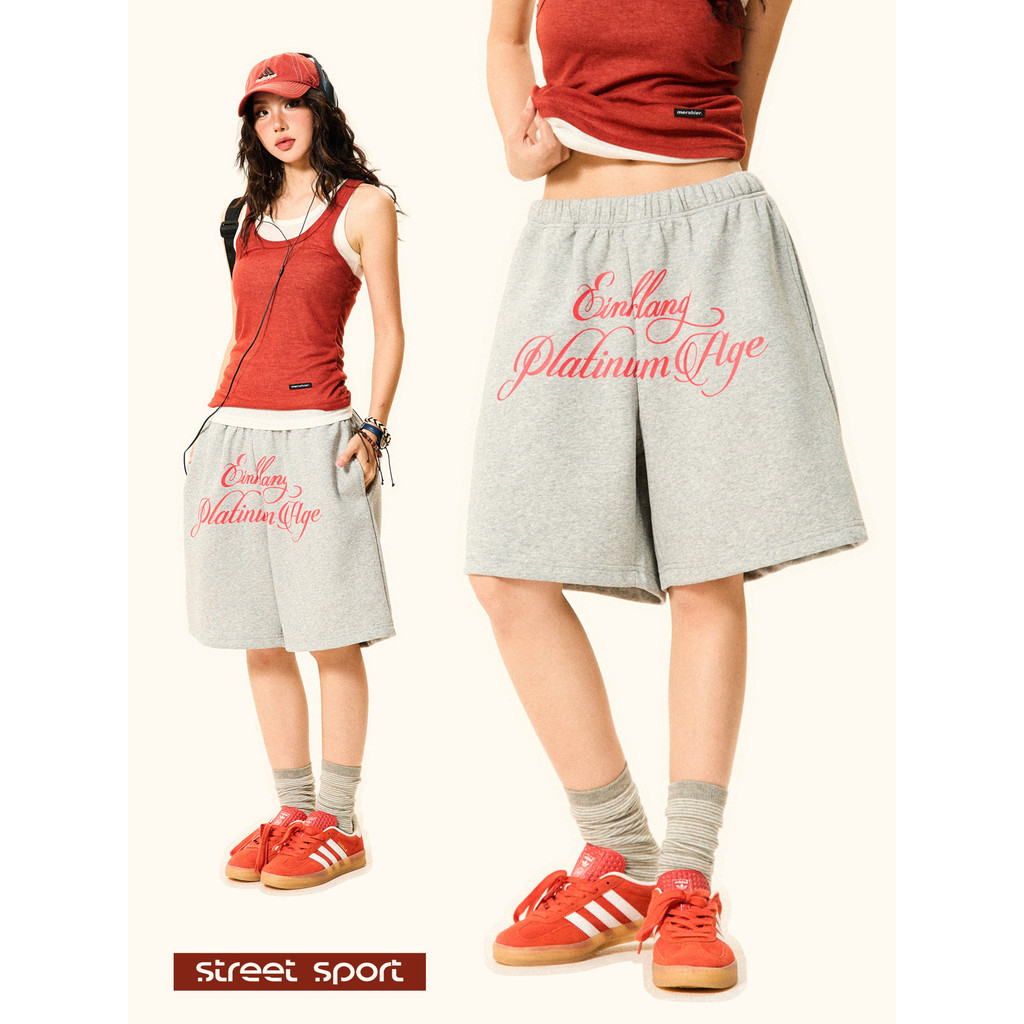 SUIKONE ซุยโคเนะ กางเกงขาสั้นกีฬาพิมพ์ลายตัวอักษรย้อนยุคอเมริกันสําหรับฤดูร้อนผู้ชายและผู้หญิงหลวมสบายๆอเนกประสงค์