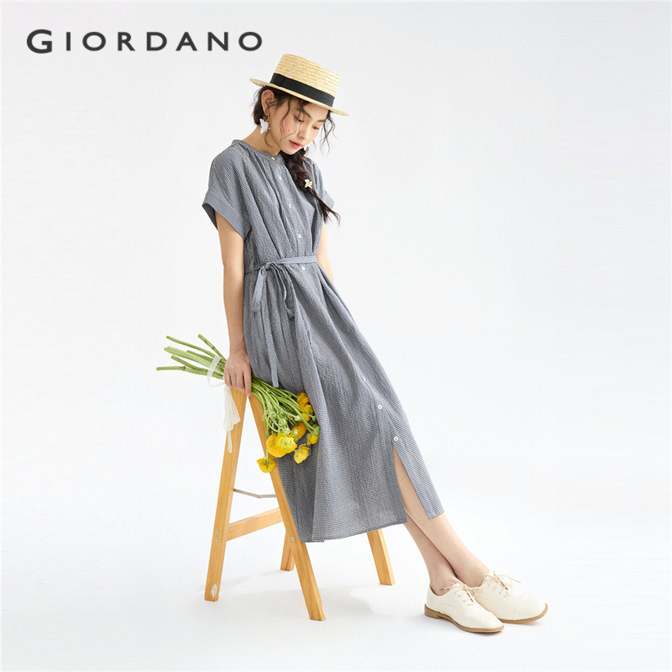 GIORDANO WOMEN Crewneck tie waist dolman sleeve grid dress 18465612