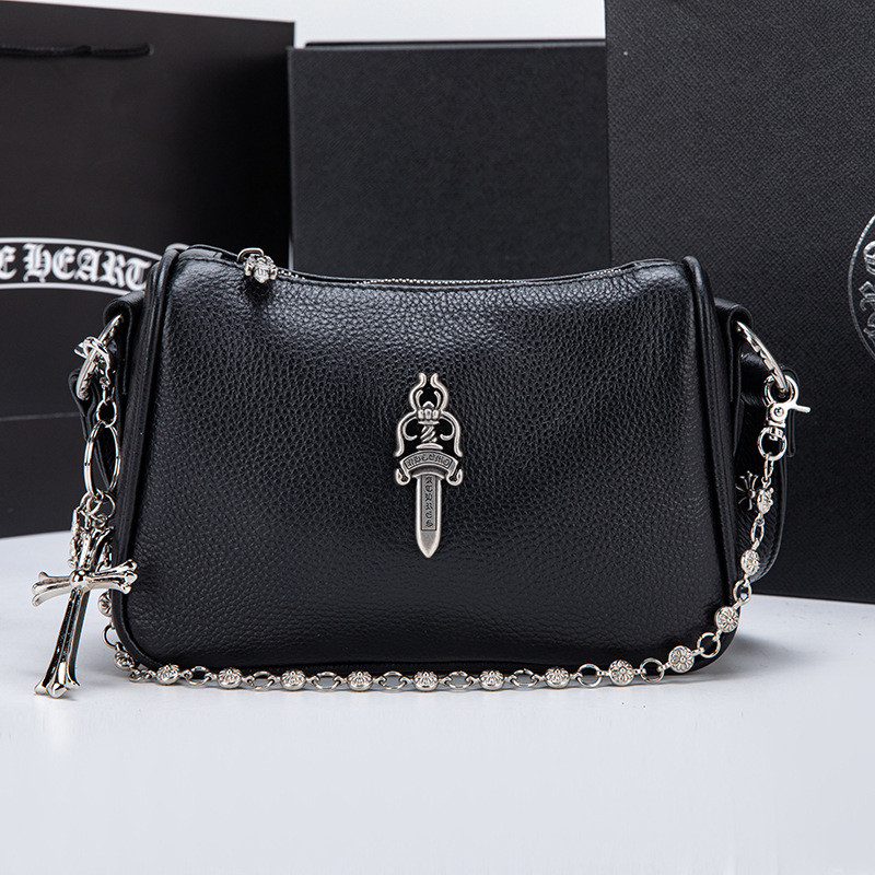 CH ผู้หญิงหนังสีดําใต้วงแขนกระเป๋าพร้อม Rivet Cross กระเป๋าสะพาย, Retro Punk Gothic Rock Cross ดอกไม้ Ball Chain กระเป๋า, หรูหราของขวัญวันวาเลนไทน์ 2603