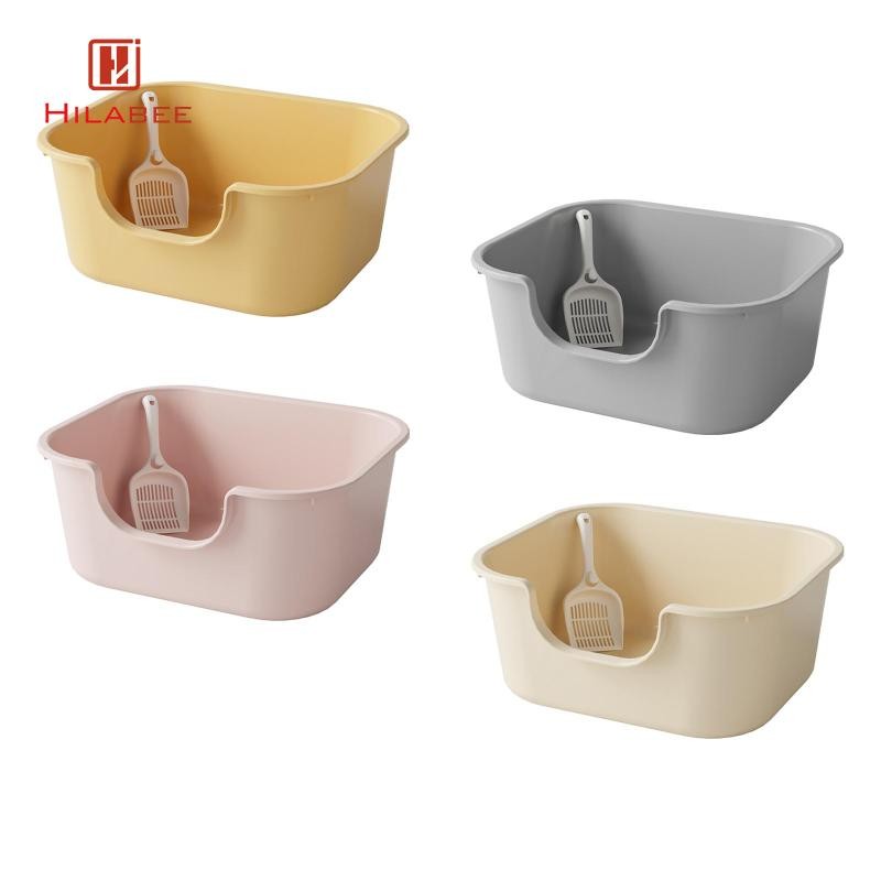 [hilabee] ถาดครอกสัตว์เลี้ยงแบบเปิดด้านบน อ่างครอกแมว เพิ่มความสูง Cat Bedpan Nonstick Splashproof Semi Closed Cat Litter Box Lowered Front
