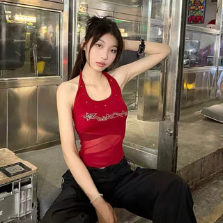เสื้อสายเดี่ยวผู้หญิงแบบพอดีตัว ตาข่ายผสมเพชร